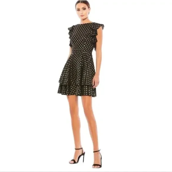 Mac Duggal Leena Flutter Sleeve Gilted Gold Polka Dot Wedding Guest Event Dress - Picture 6 of 6